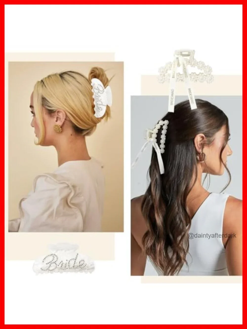 9 Pack Pearl Bridesmaid Hair Claw Clips with Ribbon and Bride Rhinestone Clip